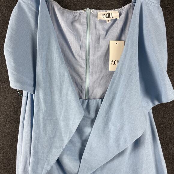 P Cill Linen Blend Mini Dress Womens Large Blue Tie Front Ruffle Cut Out NEW - Picture 4 of 13